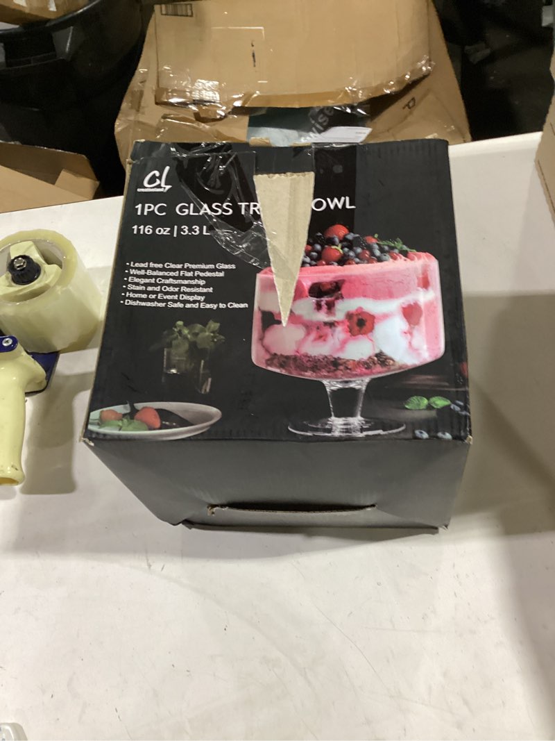 Condition photo showing Good Condition for trifle bowl glass crystal-clear set of 1, 116oz(3.3l), footed trifle bowl with stand, trifle dish for decadent dessert like salad, fruit, ice cream, parfait, pudding, party bowl