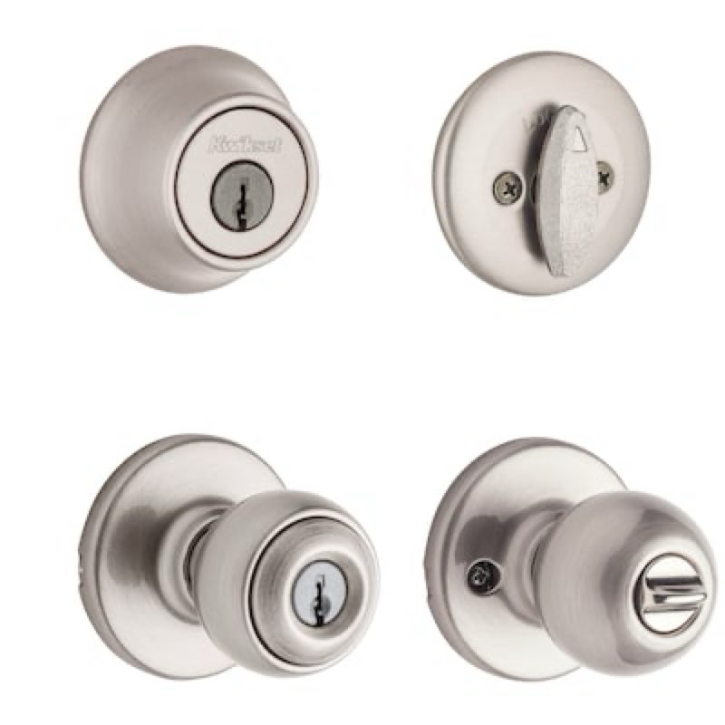 kwikset polo satin nickel exterior single-cylinder deadbolt and keyed entry door knob combo