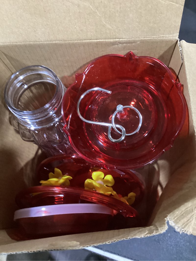 Condition photo showing Good Condition for 2 pack hummingbird feeder for outdoors hanging, 18 oz humming birds feeders with 6 bee guard feeding ports & built-in ant moat, easy to clean, durable outdoor garden decor(clear aa) 2 clear red aa