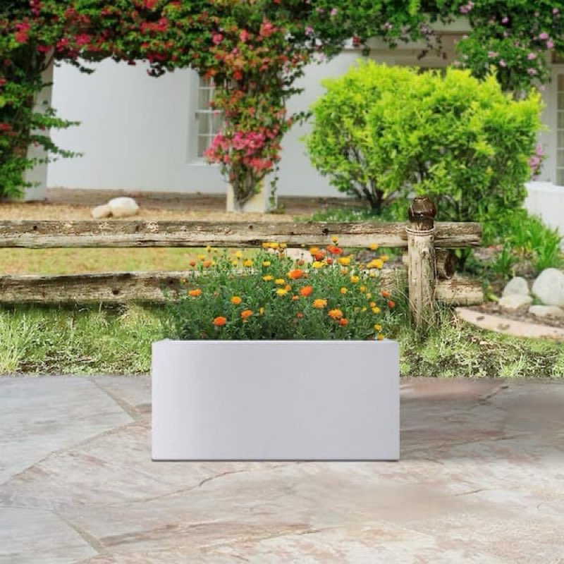 Square White Concrete/Fiberglass Indoor Outdoor Modern Tall Planter, 22” X 12”