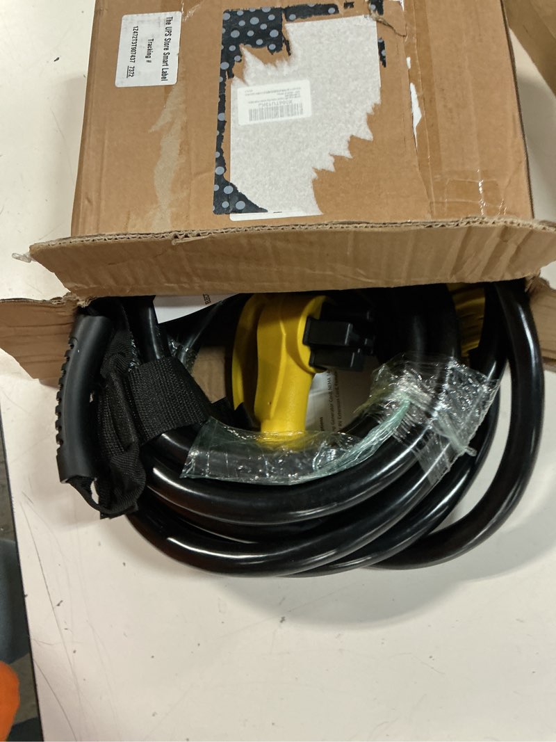 Condition photo showing New/Like New for 25ft 50 amp generator cord, nema 14-50p/ss2-50r heavy-duty 4 conductors cable, pure copper stw rv extension cord, female plug with twist lock, suitable for rv or camper, etl listed