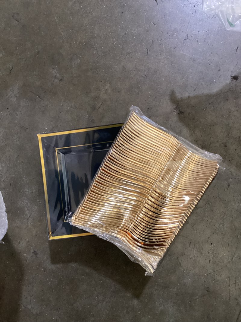 Condition photo showing New/Like New for wdf 100pcs black and gold plastic dessert plates with plastic forks -6’’ 100 square disposable appetizer plates small plate cake plate with gold rim for wedding/party/birthday/graduation black and gold 6\" square