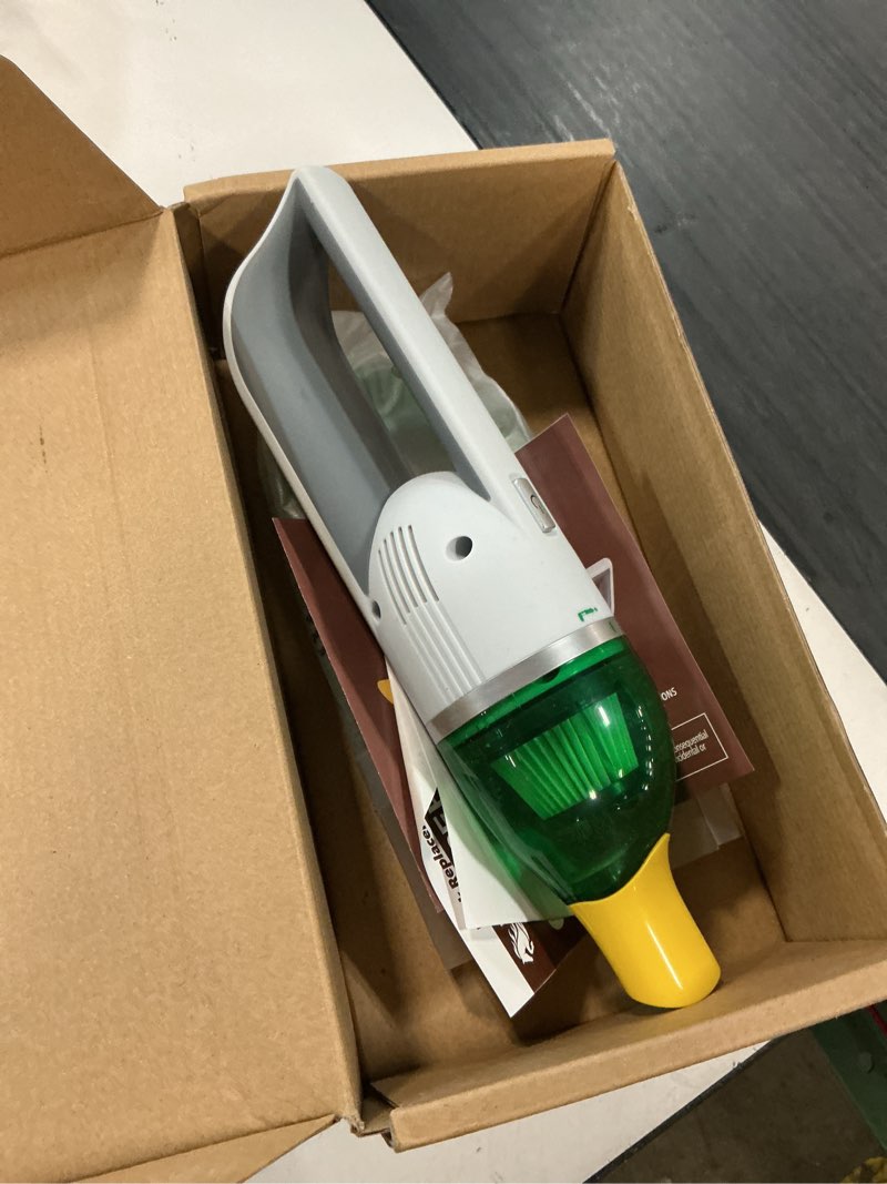 Condition photo showing As Is for horsepower duck compact cordless vacuum, ultra-powerful upgraded battery for extra-long run time, as seen on tv, strong suction, easy to store, portable & rechargeable. home & auto (duck basic) regular battery life