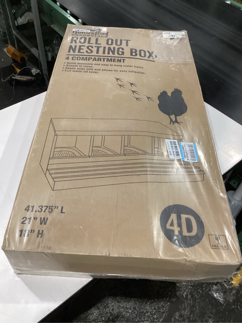 Condition photo showing New/Like New for homestead essentials deluxe metal 4 compartment, forward rollout & rollaway, hen & chicken nesting box with universal easy access protective egg laying collection lid