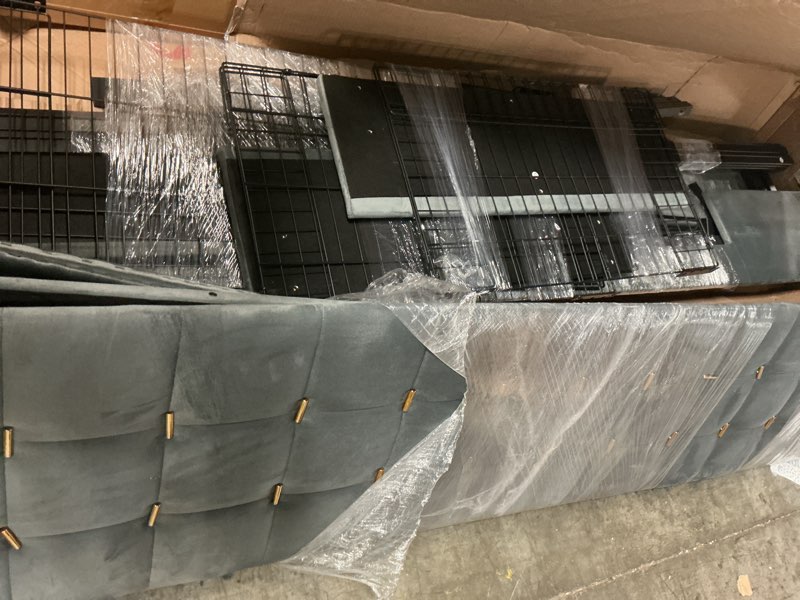 Condition photo showing As Is for light grey moasis queen size velvet upholstered platform bed with charging station and storage headboard