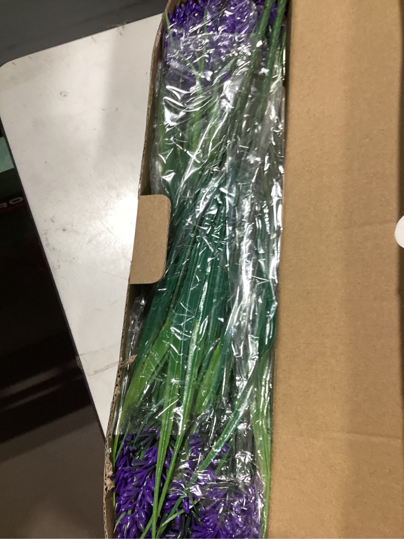 Condition photo showing As Is for 24 bundles faux outdoor plants, uv resistant artificial fake lavender flowers with monkey grass for outdoors, realistic faux lavender greenery shrubs for porch yard garden window box home decor lavender purple 24