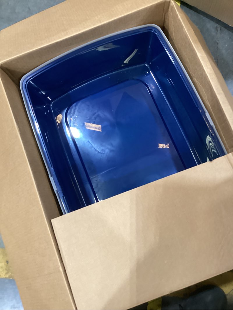 Condition photo showing New/Like New for iris usa cat litter box xx-large open top with high sided walls tall scatter shield scoop included easy clean plastic pan for big cats kittens multi-cat households 30"l x 20"w x 14"h navy xxl navy