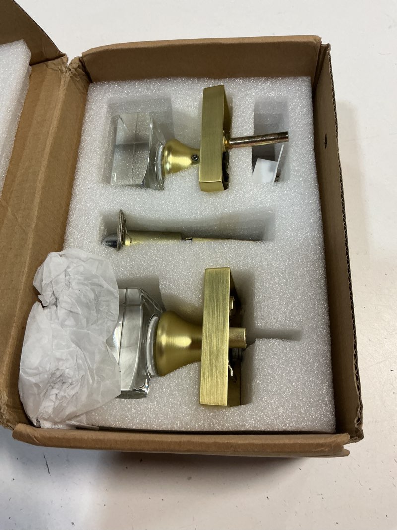 Condition photo showing New/Like New for brushed gold door knob privacy crystal glass interior lock, satin brass modern square bedroom bathroom lockable door handle 1 pack privacy satin brass