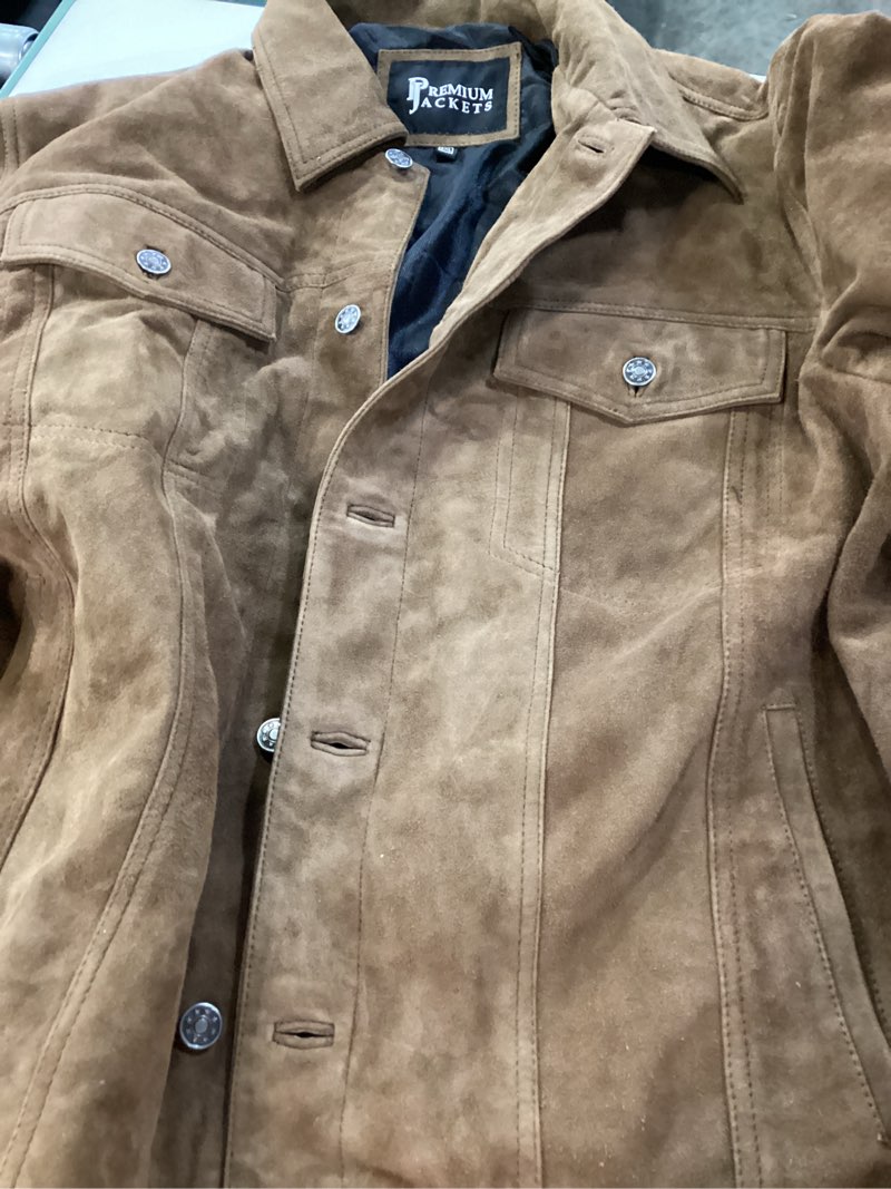 Condition photo showing Good Condition for mens premium brown suede leather trucker jacket - vintage classic motorcycle western goat leather coat 4x-large brown