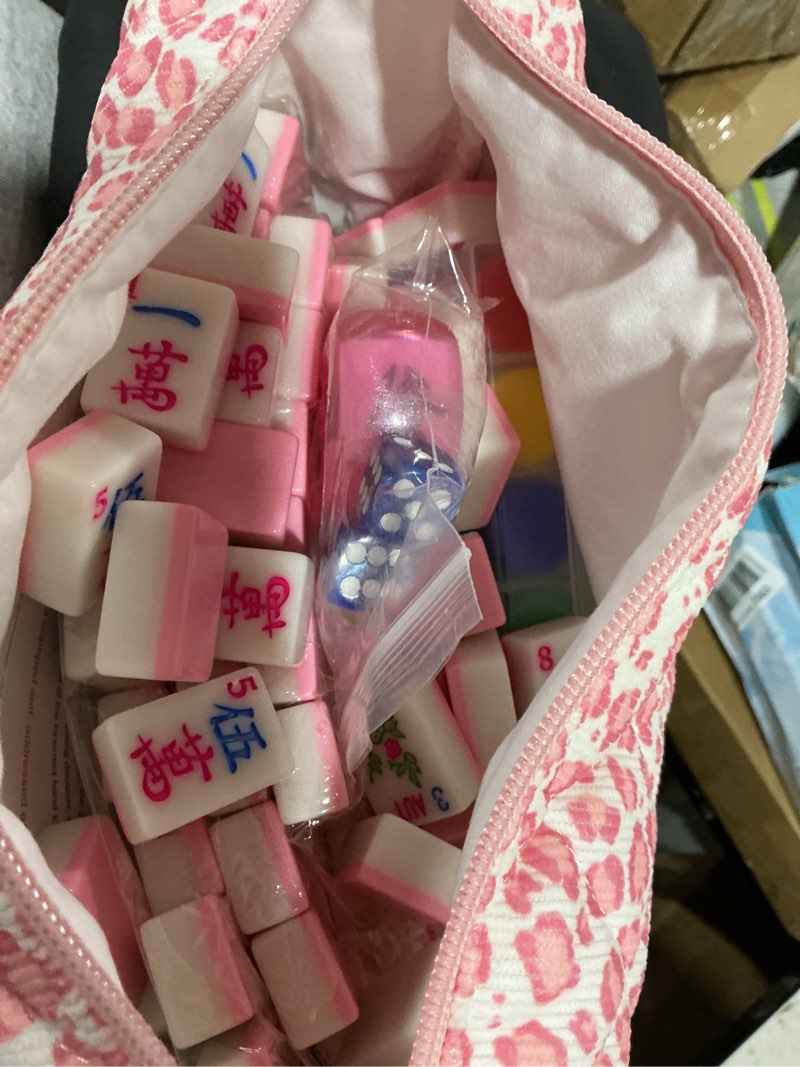Condition photo showing As Is for jolitac american mahjong game set, 166 premium tiles, 1.2-inch mahjong tile set with sturdy carrying bag, thickened mah-jongg tiles bag portable travel complete mahjong set pink