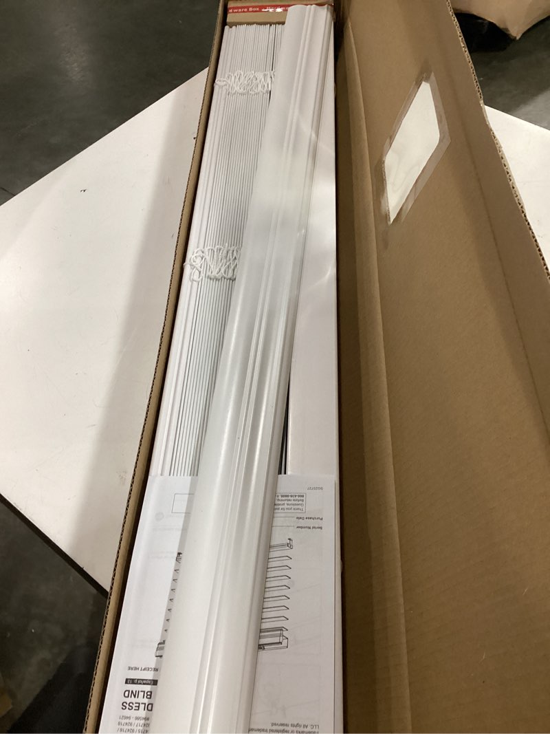 Condition photo showing Good Condition for allen + roth trim at home 2-in slat width 36-in x 64-in cordless white faux wood room darkening horizontal blinds