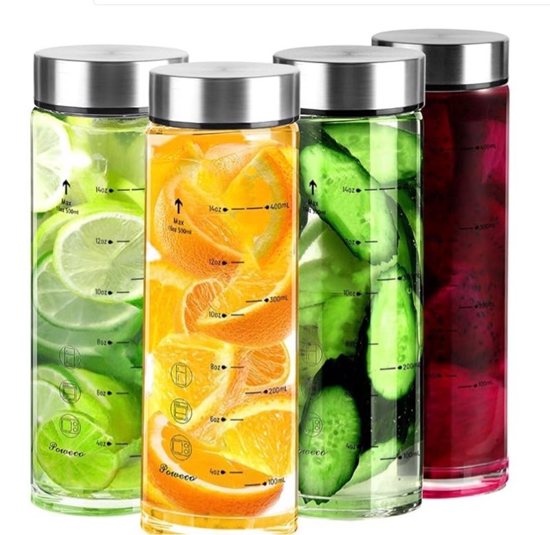 Glass Juice Bottles 4 Pack 16 oz - Wide Mouth Glass Water Bottles with Lids - for Juicing, Protein, 