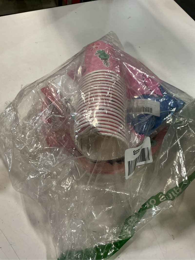 Condition photo showing As Is for 88Pcs pink Stitch Party supplies, including banners, plates, paper cups, tissues, pendant decorations, perfect for Stitch themed birthdays! Featuring cute pink stitching print