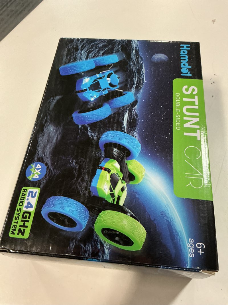 Condition photo showing New/Like New for Remote Control Car for Kids, 360° Rotating Double-Sided RC Car with LED Headlights, 4WD 2.4GHz Electric Rechargeable Toy Vehicle for Boys and Girls, Perfect Birthday Blue&green Standard (Headlights)