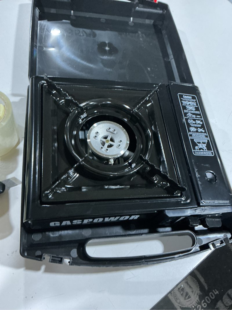 Condition photo showing Good Condition for propane or butane stove with windblocker, 10,000 btu dual fuel propane stove for camping, automatic ignition gas portable stove with propane adapter hose carrying case for outdoor (fuel not included)