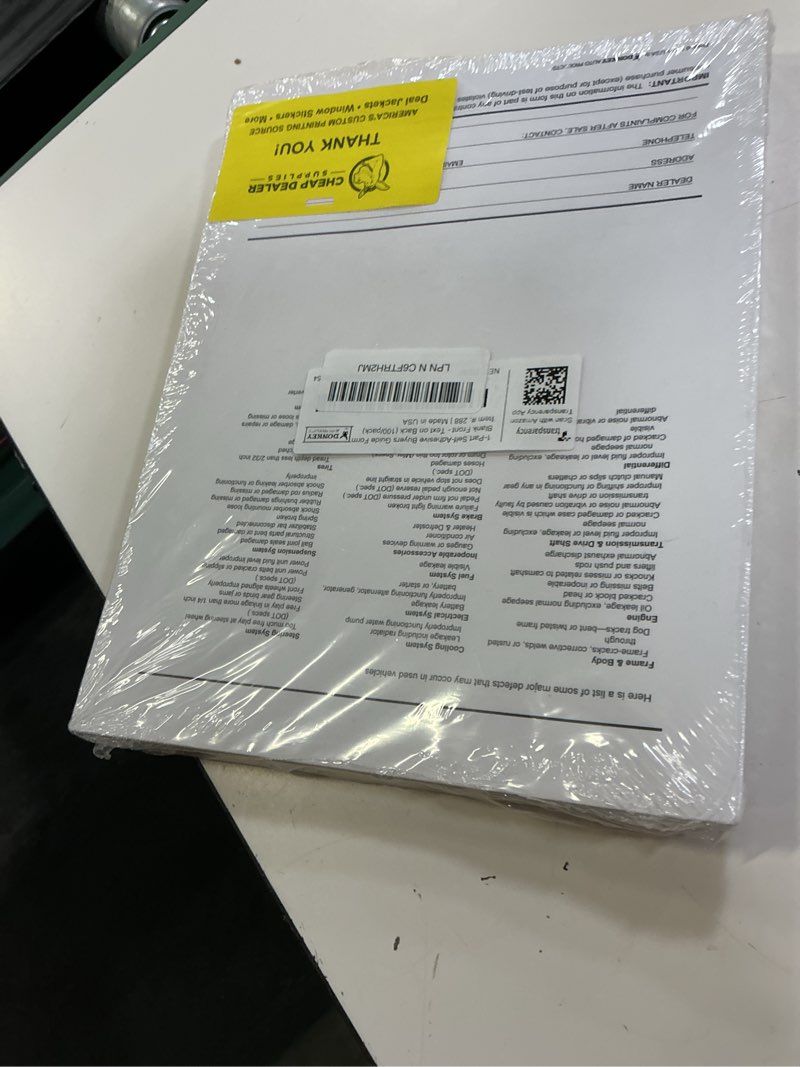 Condition photo showing Good Condition for 1-part self-adhesive buyers guide form - blank front - text on back - letter size paper (100 per pack)