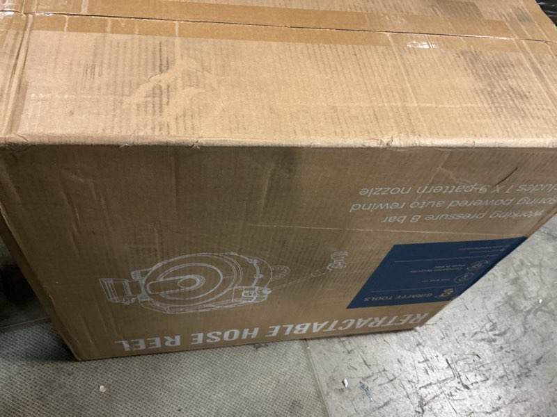 Condition photo showing New/Like New for giraffe tools retractable garden hose reel 1/2 inch x 155 with 5 ft leader hose, heavy duty, any length lock, slow return system, wall mounted and 180 deg swivel bracket 1/2 155ft