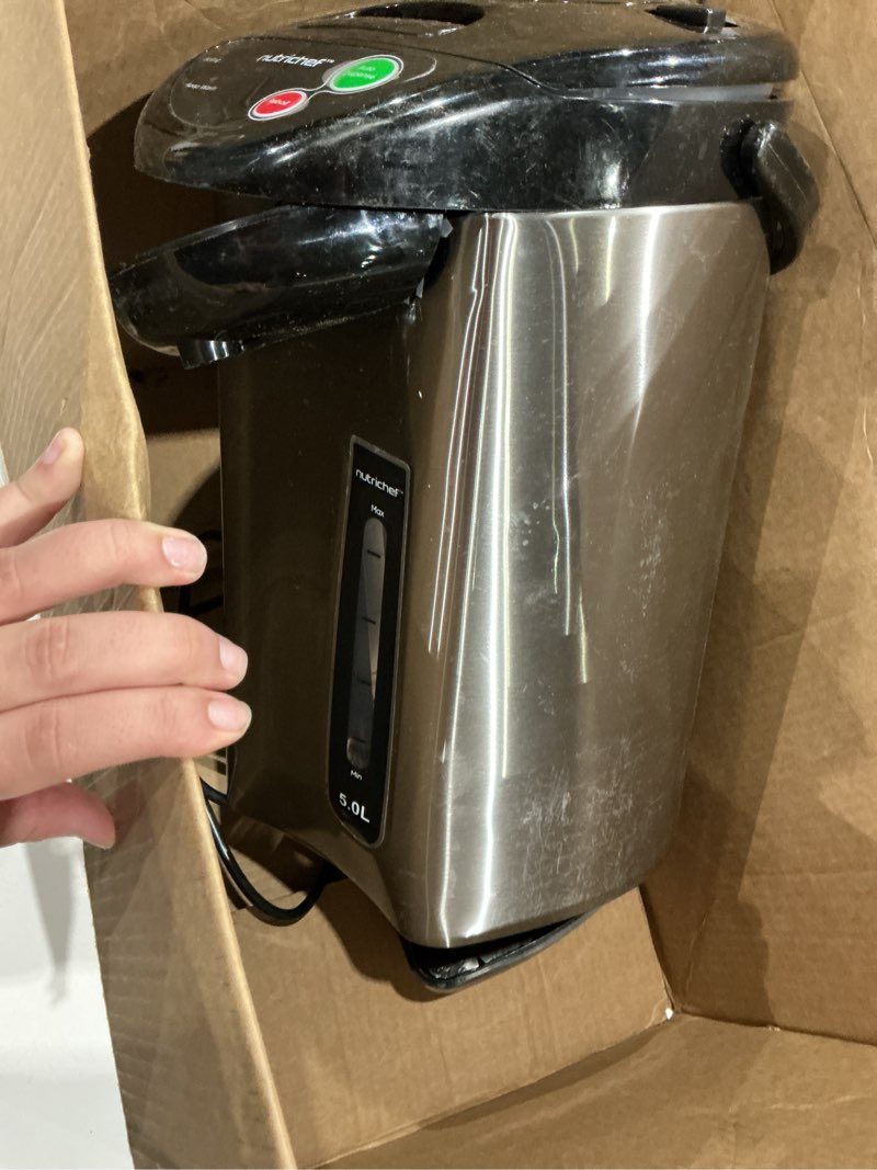 Condition photo showing As Is for ((( similar )))nutrichef electric water kettle, portable, quick heating, digital kettle with 5 temperature settings, safety lock, stainless steel, 3 dispensing options, 8.46\" x 11.2\" x 16.5\" 5.3 quarts