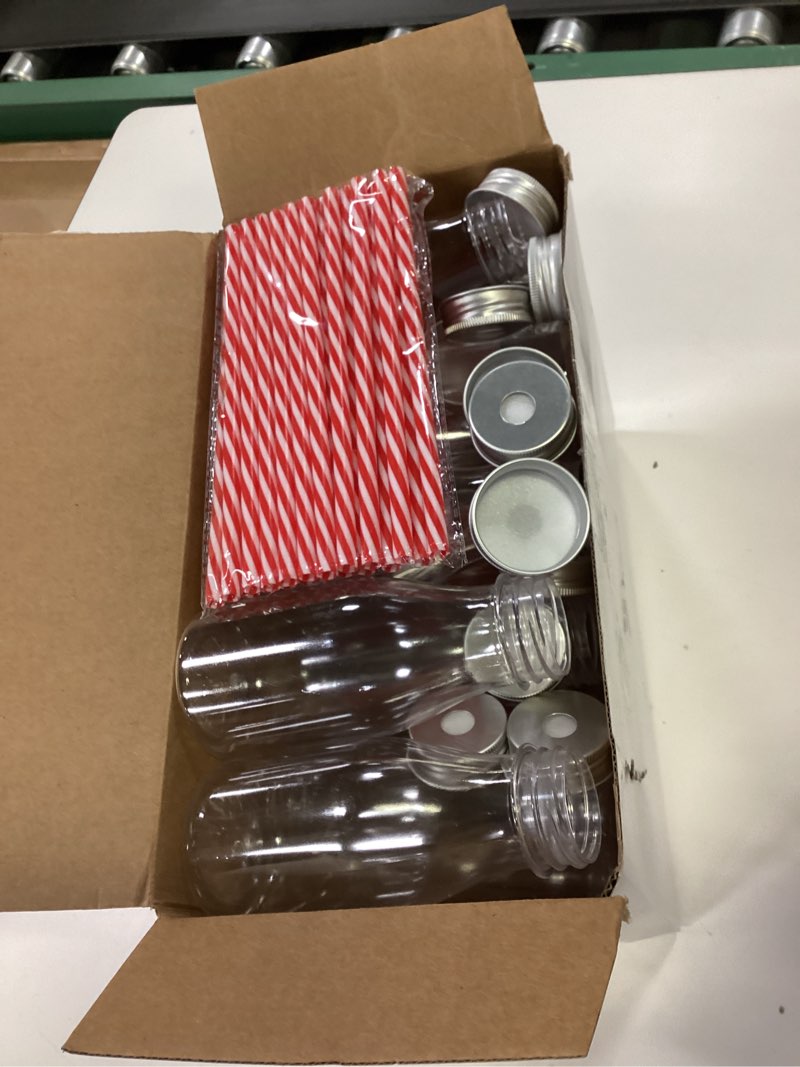 Condition photo showing As Is for Yinkin 20 Set Plastic Milk Bottles with Straws Metal Lids Clear Plastic Containers for Dairy Milk Party Bottle for Juices Shakes Smoothies(8 oz,Red, White)