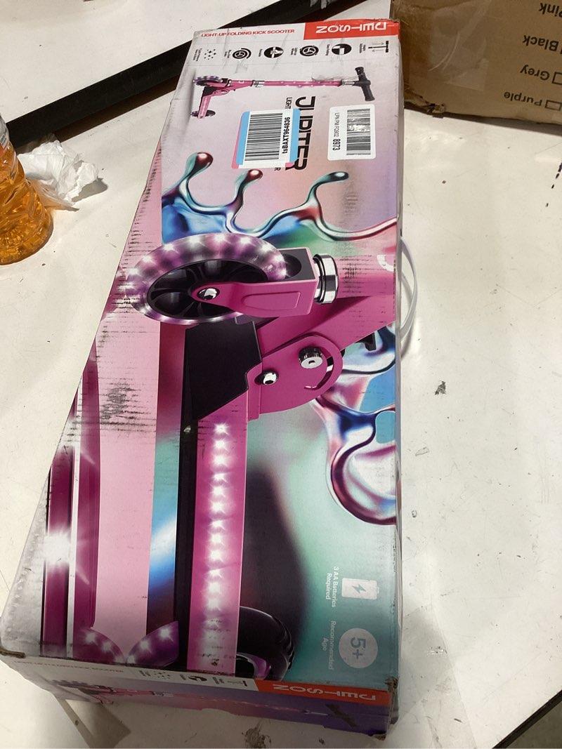 Condition photo showing New/Like New for jetson jupiter kids 2-wheel light-up kick scooter, led lights on handlebar, stem, wheels & deck, adjustable handlebar, rear brake, easy-folding mechanism, ages 5+ jupiter pink