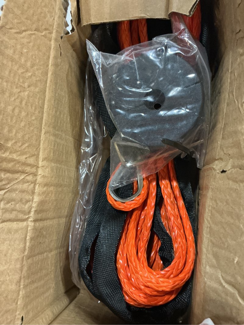 Condition photo showing New/Like New for metoware synthetic winch rope kit, 1/4" x 50ft 10,000 lbs winch cable line with protective sleeve hook and forged winch hook fits 4wd off road vehicle utv atv suv truck 1/4" x 50ft orange