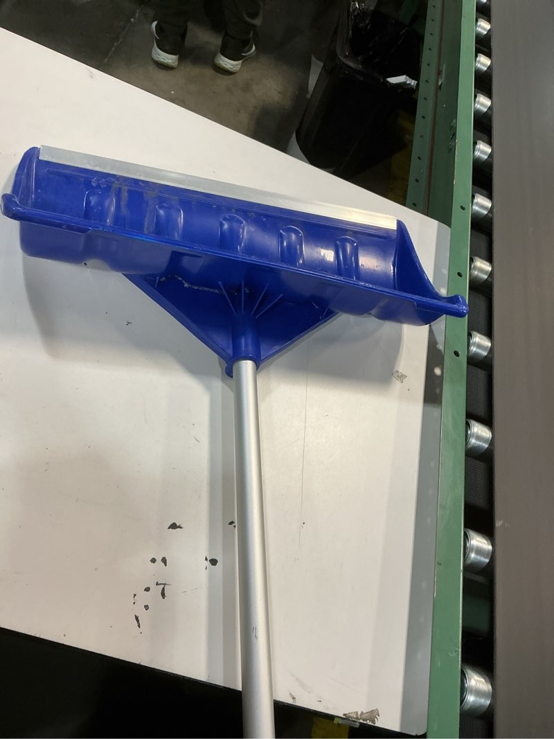 Condition photo showing As Is for Snow Pusher Shovel for Driveway Car Garage, 24 Inch Snow Removal Plow with D-Grip Handle Aluminum Strip, Ergonomic Heavy Duty Wide Snow Shovel for Home Outdoor, Blue