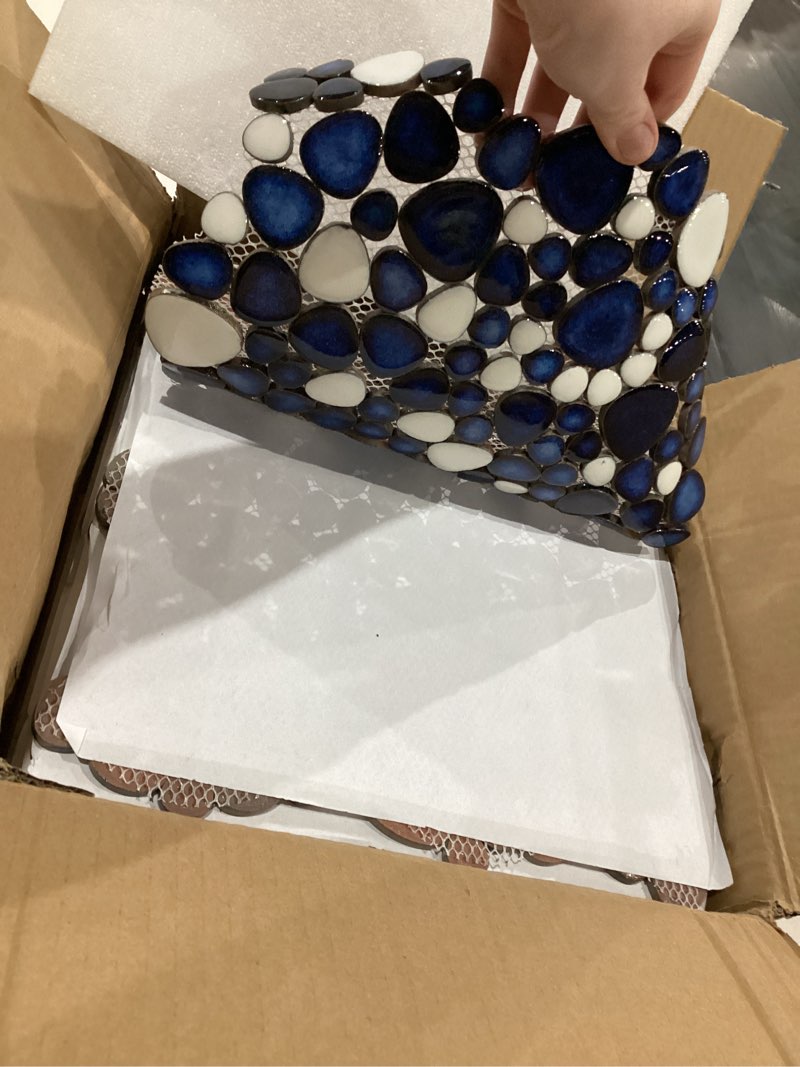Condition photo showing As Is for pebble ceramic tiles 5 sheets, heart-shaped 12x12 floor tile ceramic, dark blue mosaic tiles mesh mounted, waterproof porcelain tile decorative for kitchen bath backsplash shower floor pool ceramic pebbles blue