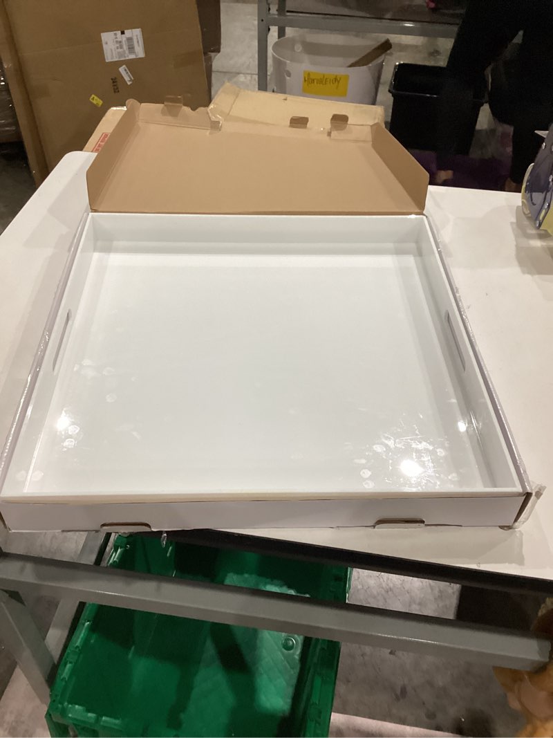 Condition photo showing Good Condition for 20×20 inches oversize extra large sturdy glossy white acrylic serving tray king size decorative big ottoman trays with cut out handles water proof bed tray coffee counter top organizer glossy white 20×20 inch