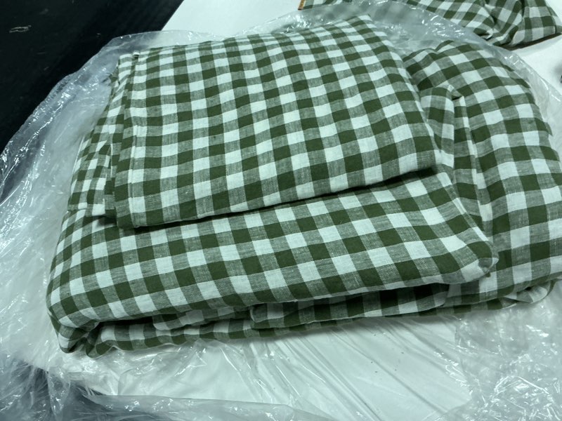 Condition photo showing Good Condition for european linen gingham duvet cover set, king/cal king, olive gingham