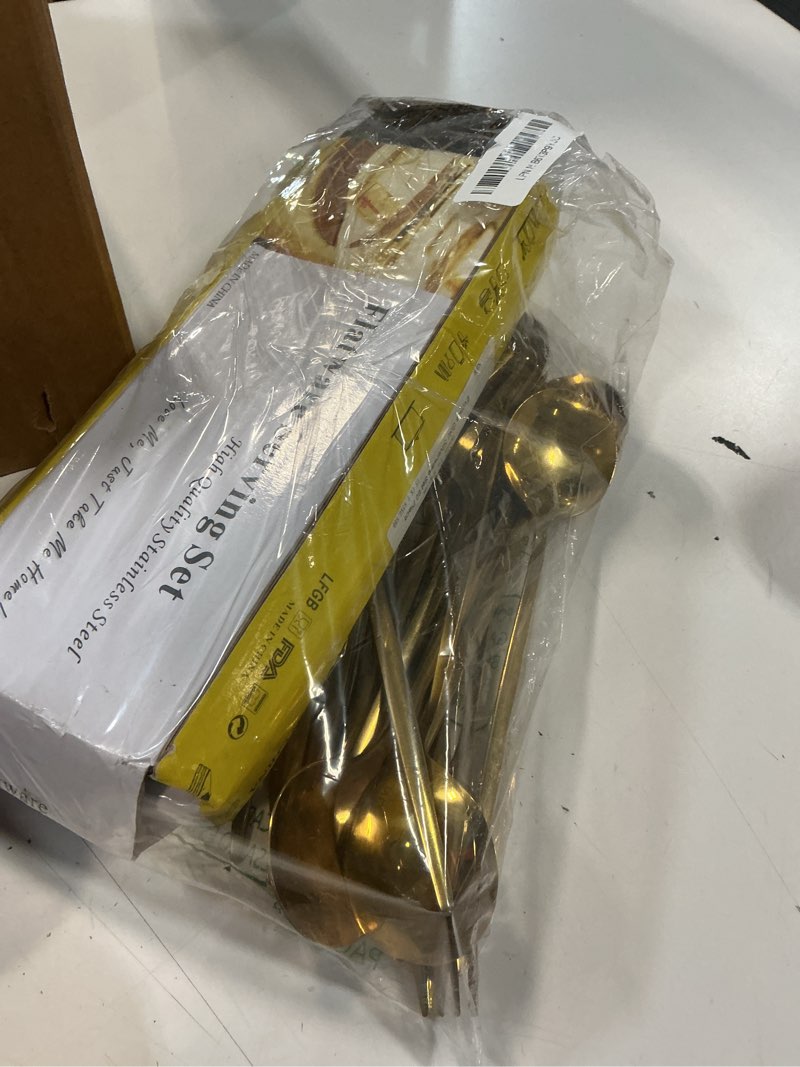 Condition photo showing Good Condition for evanda gold silverware set 60 piece service for 20, titanium gold plated stainless steel flatware set, knives forks spoons cutlery set for wedding, parties, birthday, restauroom, dishwasher safe 2. 60 pieces b