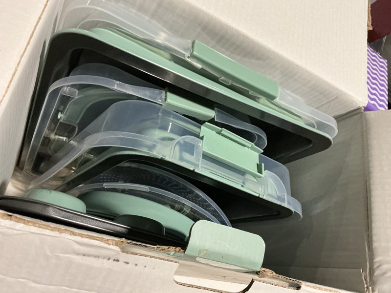 Condition photo showing As Is for Country Kitchen Baking Pans Set - 10 Piece Non-Stick Cake Pans with Carry Lids for Easy Storage & Travel, Perfect for Parties - Stackable, Sage