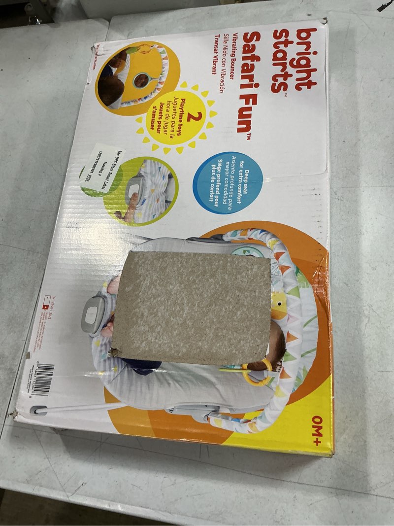 Condition photo showing New/Like New for bright starts baby bouncer soothing vibrations infant seat - removable -toy bar, nonslip feet, 0-6 months up to 20 lbs (safari fun)