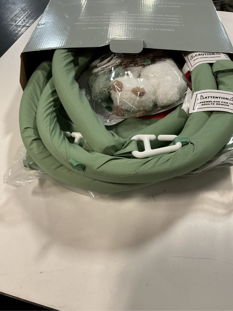 Condition photo showing Good Condition for Beautiful Baby Play Gym - Soft Cotton Mat with 6 Cute Toys Creates The Perfect Activity Area for Your Girl/Boy - Stylish Infant Floor Playmat Fits Nicely with Any Playroom Decor Sage Green