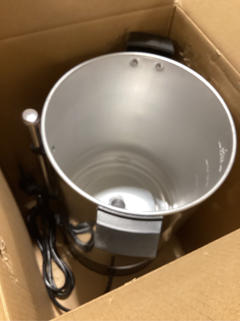 Condition photo showing As Is for west bend 33600 coffee urn commercial highly-polished aluminum nsf approved features automatic temperature control large capacity with fast brewing and easy clean up, 100-cup, silver