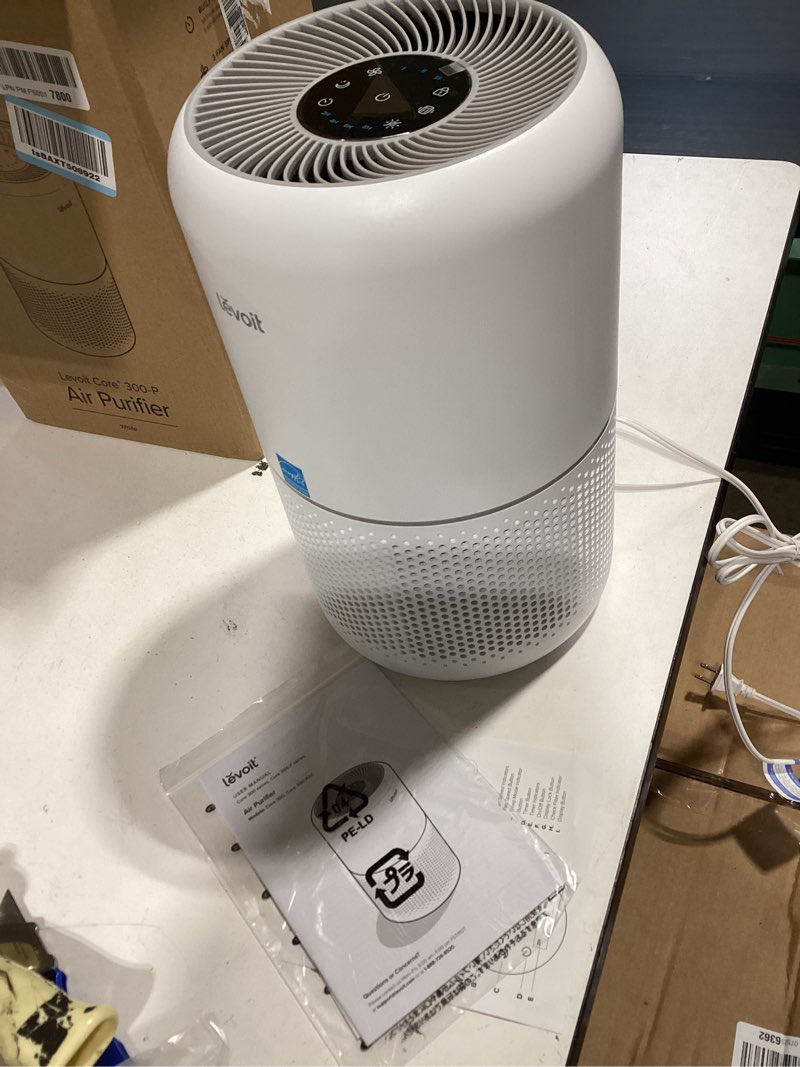 Condition photo showing Good Condition for levoit air purifier for home allergies pet hair in bedroom, covers up to 1073 ft² by 56w high torque motor, aham verifide, 3-in-1 filter with hepa sleep mode, remove dust smoke odor, core300-p, white
