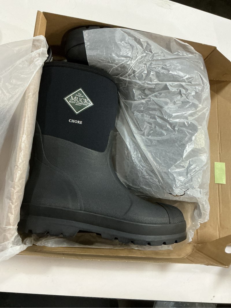 Condition photo showing New/Like New for muck boot men's chore classic rubber work boots, black, size 11