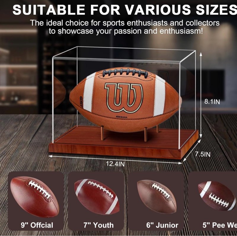 football display case, acrylic football case clear, uv protected display case with solid wood base stand for full size signed football holder, football display box for football fans & collectors football case-brown