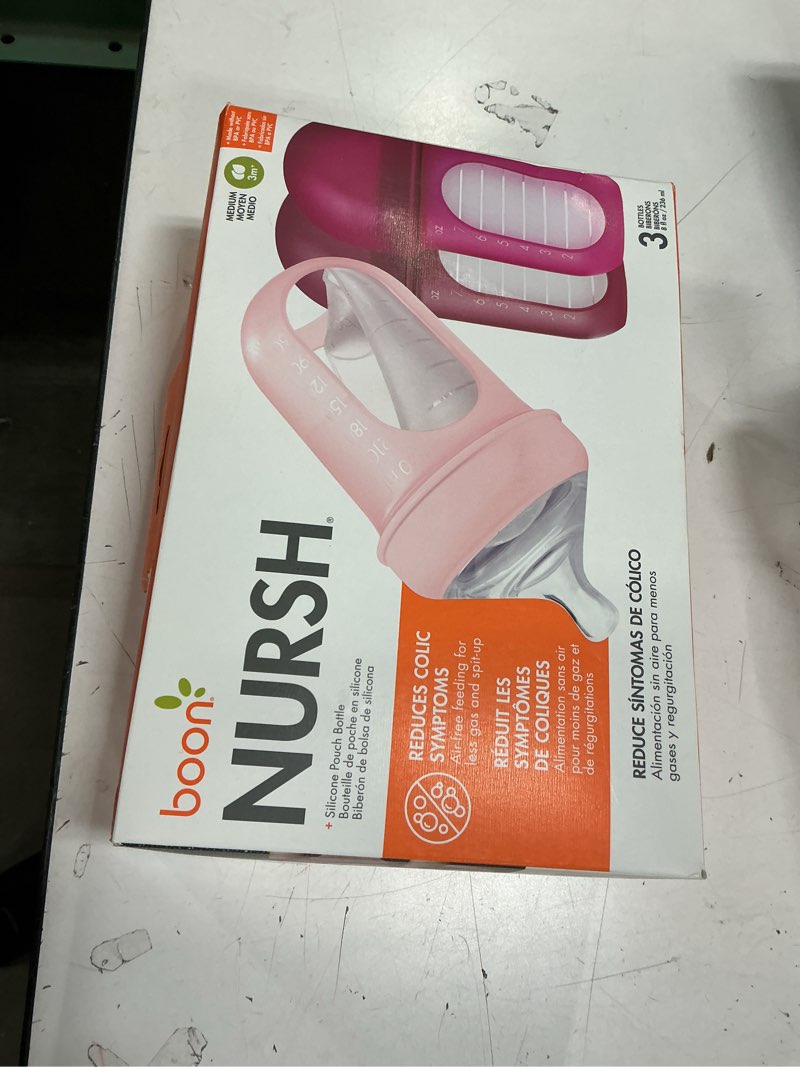 Condition photo showing New/Like New for Boon Nursh Reusable Silicone Pouch Baby Bottles - Medium Flow Nipple - Silicone Baby Bottle Pouch and Nipple - Baby Feeding Essentials - Pink - 3-6 Months - 3 Count - 8 Ounce