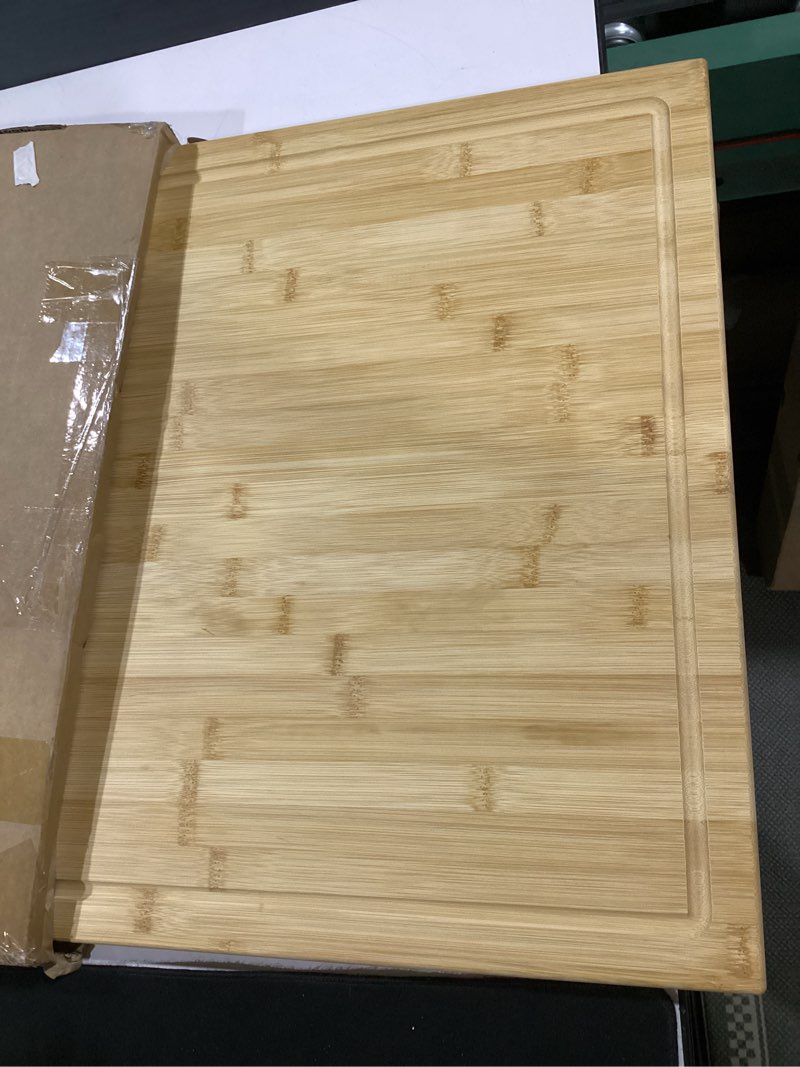 Condition photo showing Good Condition for bamboo cutting board - 20 x 20 inch large wood chopping board for kitchen, meat, vegetables, bbq, square butcher block with juice groove and handle, 0.8"th 20"l x 20"w