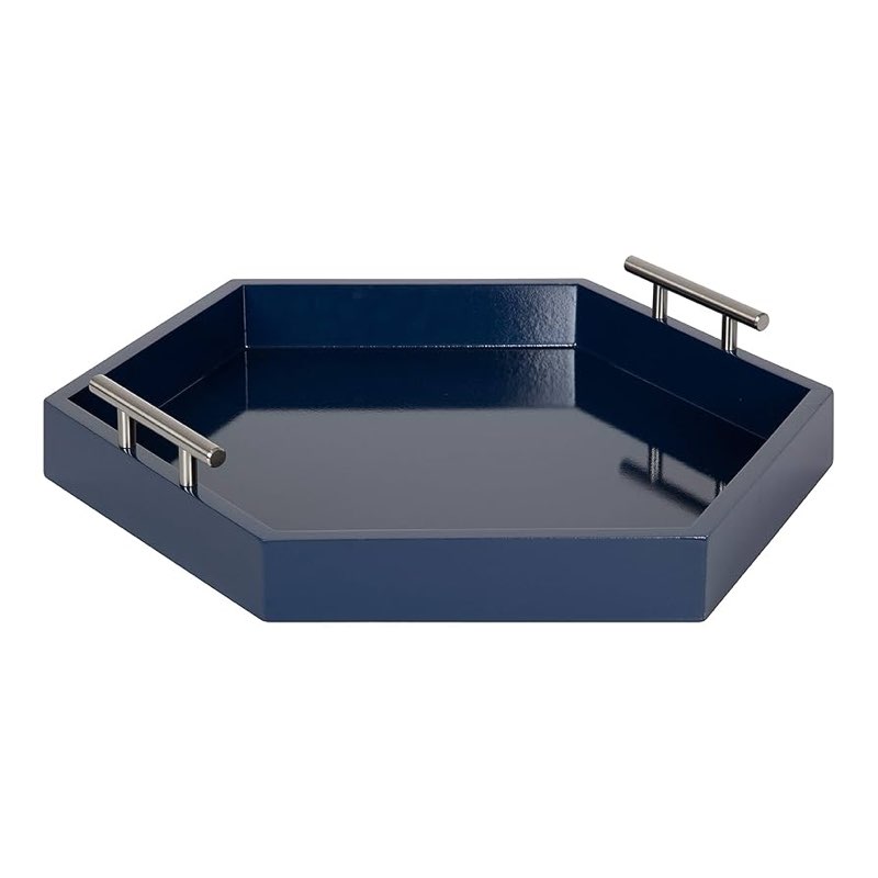 kate and laurel lipton modern hexagon tray, 18 x 18, navy blue and silver, decorative tray for storage and display