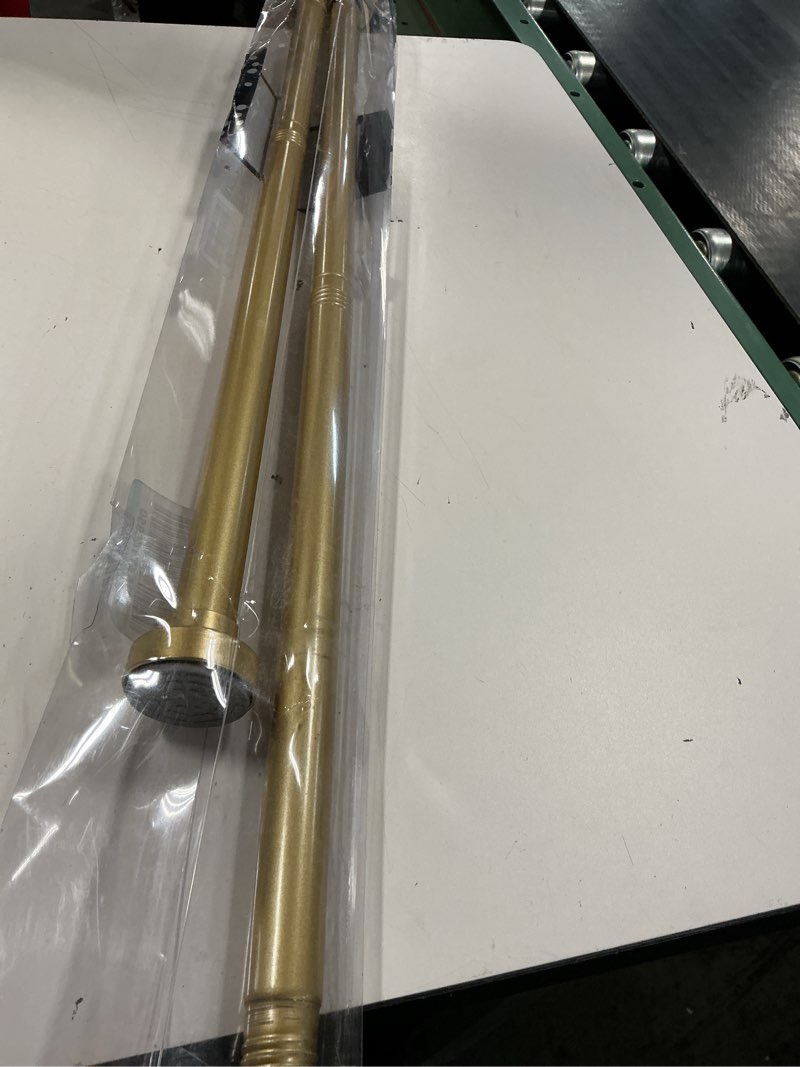 Condition photo showing As Is for 48 in . gold stainless steel adjustable tension shower curtain rod, no drilling, no rust, non slip