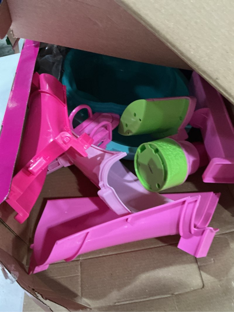 Condition photo showing As Is for barbie dream pool playset with 6 play areas, including slide & bubbling hot tub, plus 20+ accessories like pet, floaties & more