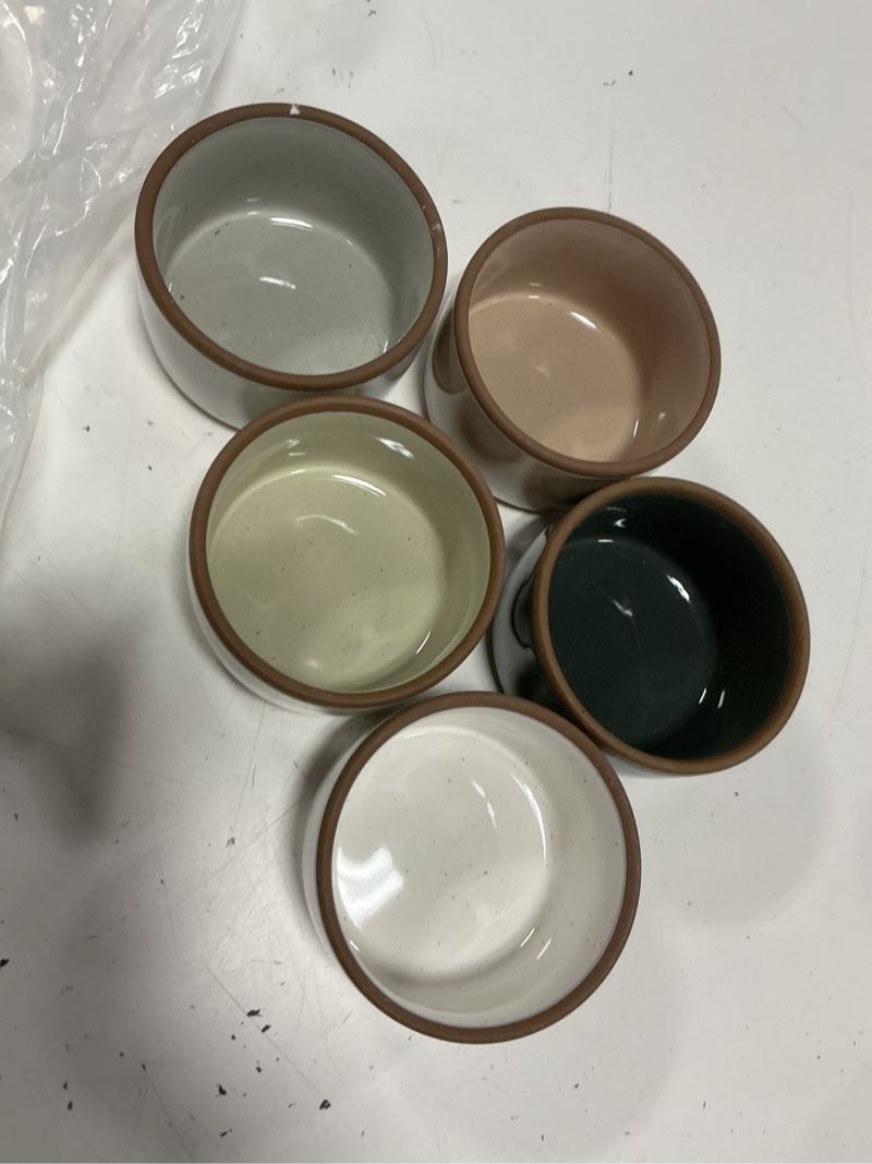 Condition photo showing Good Condition for mora ceramic ramekins - 4oz, set of 5  - small oven safe baking dishes/cups - for personal pudding, creme brulee, souffle, serving dip, custard, ice cream - single mini bowls - assorted neutrals 4oz assorted neutrals