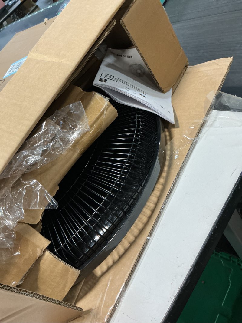 Condition photo showing As Is for amazon basics 16" pedestal fan with remote for bedroom, living room, office, adjustable height, dual-layered blades, 3 speeds, 3 modes, timer, tilt head, 60w, black 3-speed, ac motor