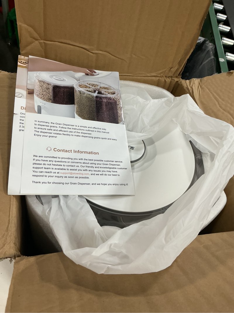 Condition photo showing New/Like New for 360° rotating grain dispenser, 6-grid large rice storage container (13 lbs), one-click output sealed food storage for rice, beans, cereal - countertop kitchen organization