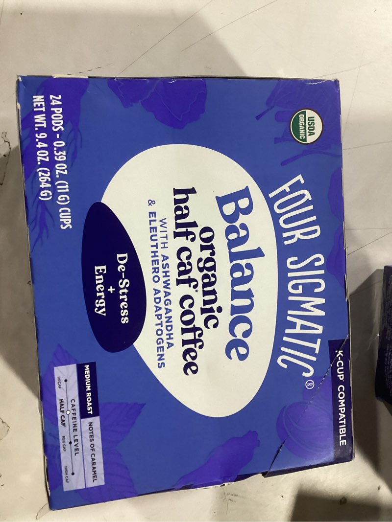 Condition photo showing New/Like New for Four Sigmatic Adaptogen Coffee K-Cups | Organic Medium Roast Ground Coffee with Ashwagandha, Eleuthero, Chaga & Tulsi | Immune Support & Stress Relief | Keto | 24 Count Balance w/ Ashwagandha & Eleuthero 24 Count (Pack of 1)
