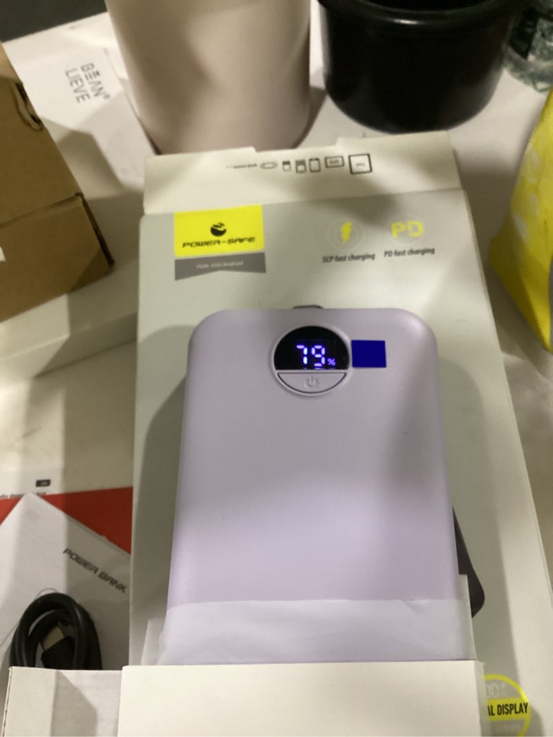 Condition photo showing New/Like New for portable charger, 12000mah 22.5w usb c fast charging power bank with built-in cables and ac wall plug, smart led display travel essentials battery pack compatible with iphone, ipad, samsung etc purple purple 12000mah