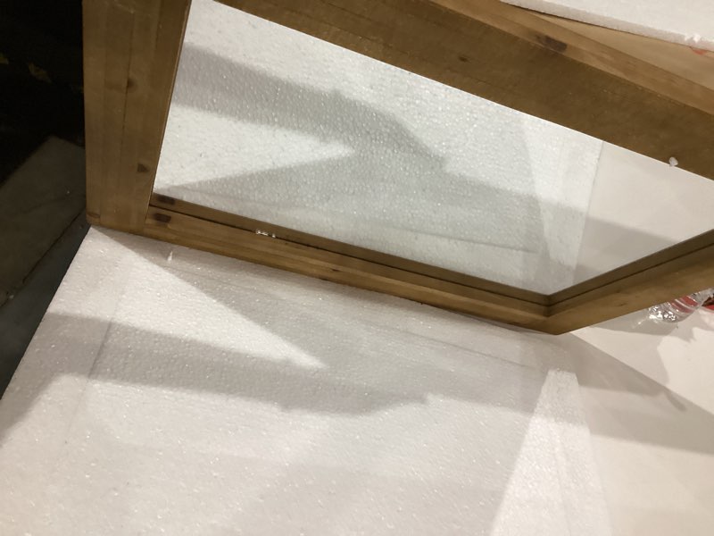 Condition photo showing New/Like New for stonebriar 24" x 18" rectangle natural wood frame wall mirror with attached hanging brackets, decorative country rustic decor for the living room, bedroom, bathroom, hallway, and entryway brown