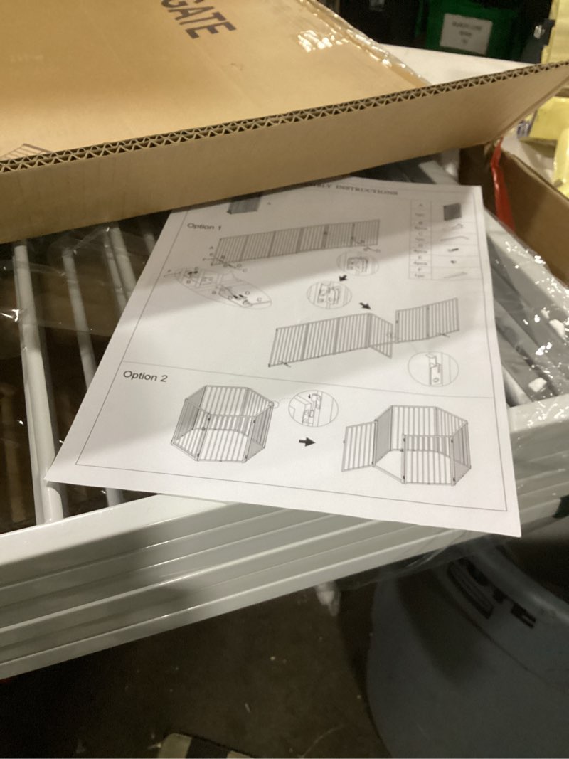 Condition photo showing As Is for vantas folding no-assembly metal pet gate 120" wide, 32" extra tall dog gate with door walk through, freestanding accordion puppy gate dog door for indoor & outdoor, with 2pcs support - white ?6-panel with door?20w*32h white