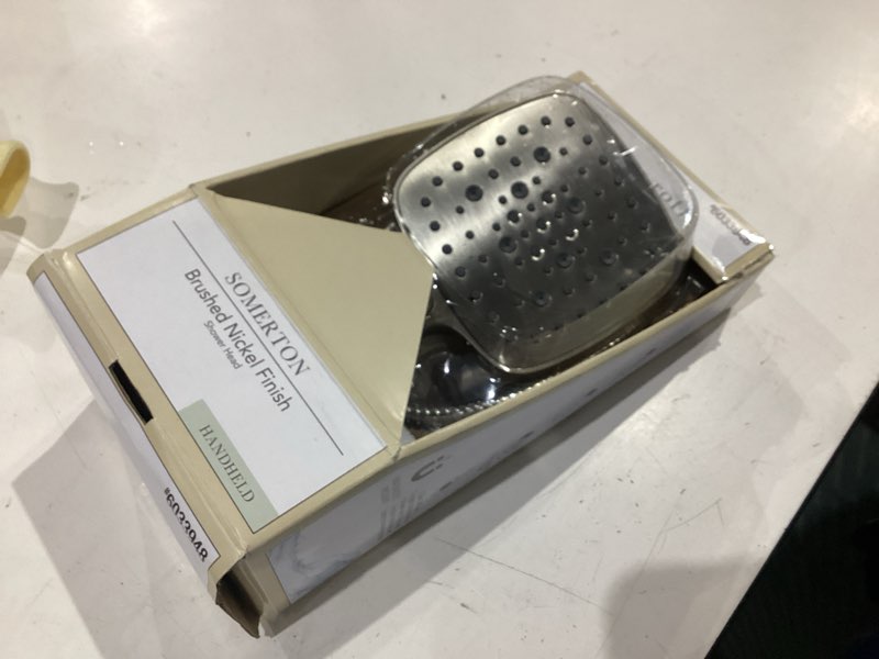 Condition photo showing As Is for allen + roth somerton 4 -spray brushed nichel 5.15-in handheld shower head 1.8 gpm